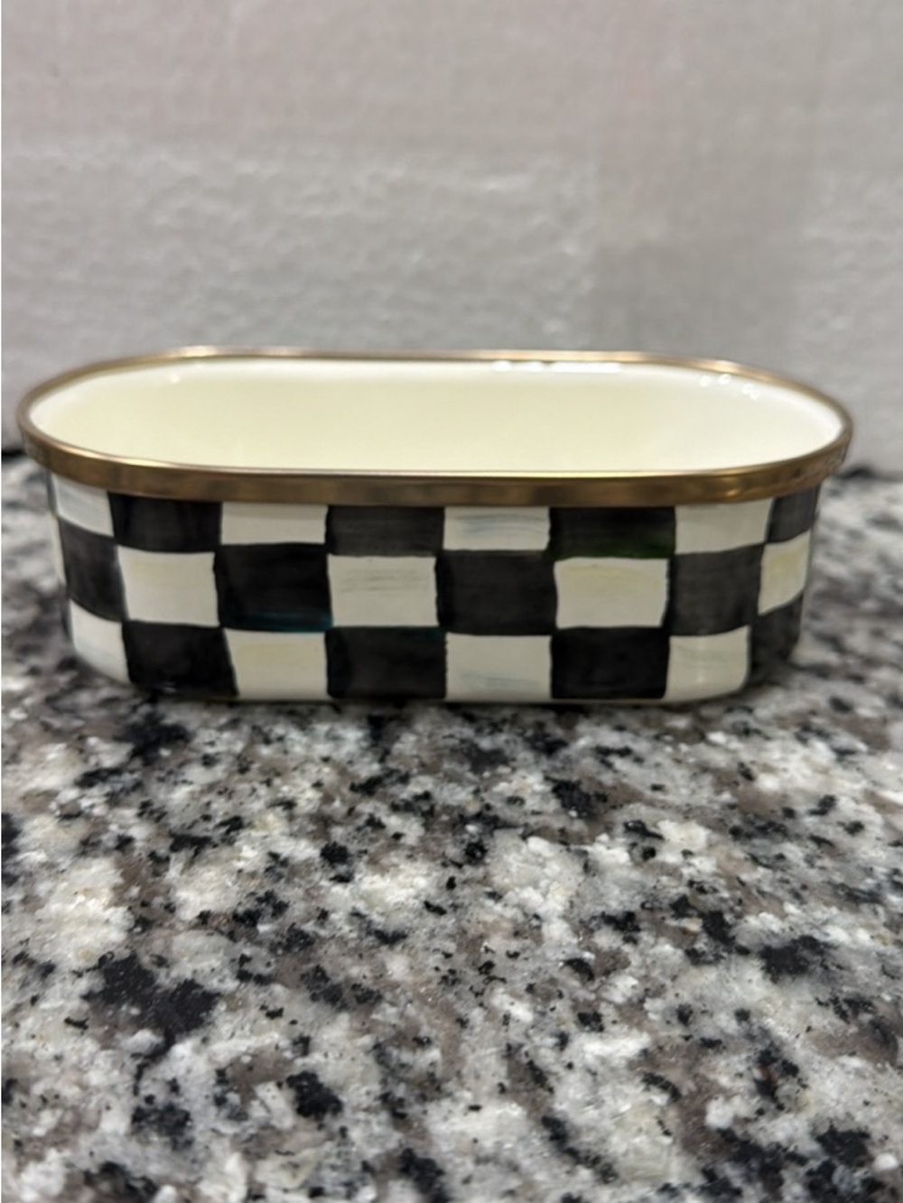 Black and White Check Ceramic Rectangular Serving Dish with Gold Rim